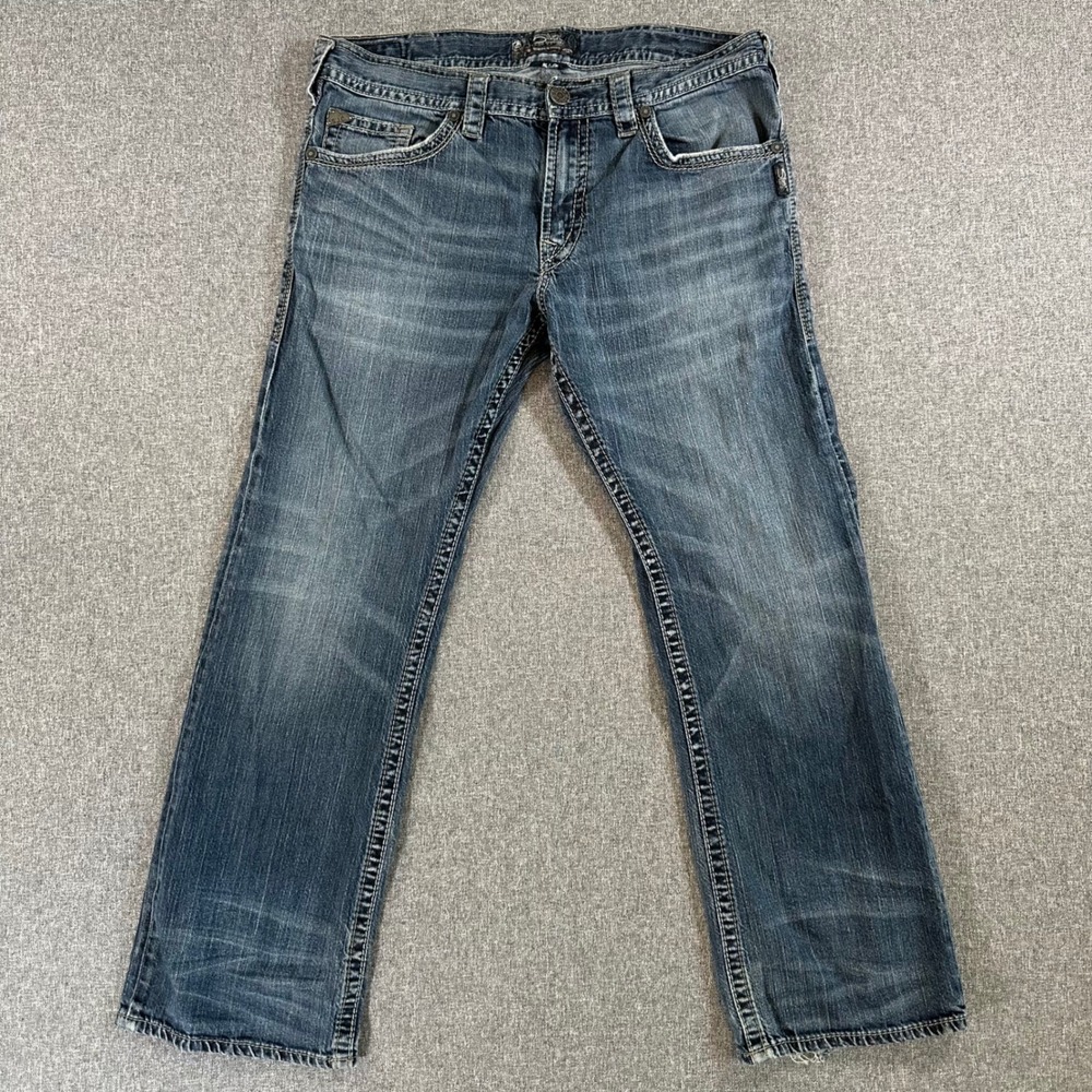 Silver Jeans Co. Jeans Mens 38 Zac Blue Relaxed Straight Distressed Hem